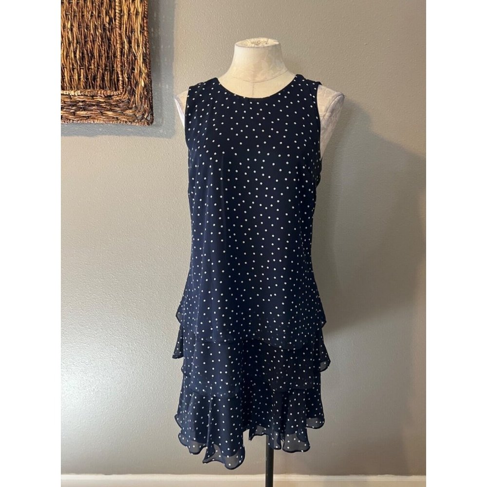 American Living Dress 10 Polka Dot Navy Ivory Tiered Career Church